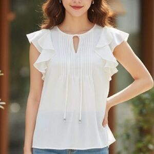 90# Rose & Olive Cream Sleeveless Blouse with Ruffle Details